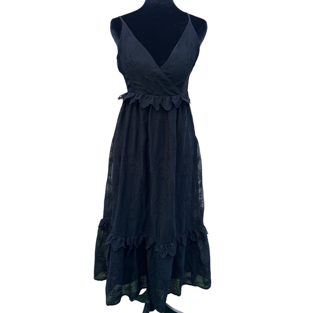 Blue Rain Francescas Black Embroidered Eyelet Midi Dress Ruffle 26BD56KPVD Small